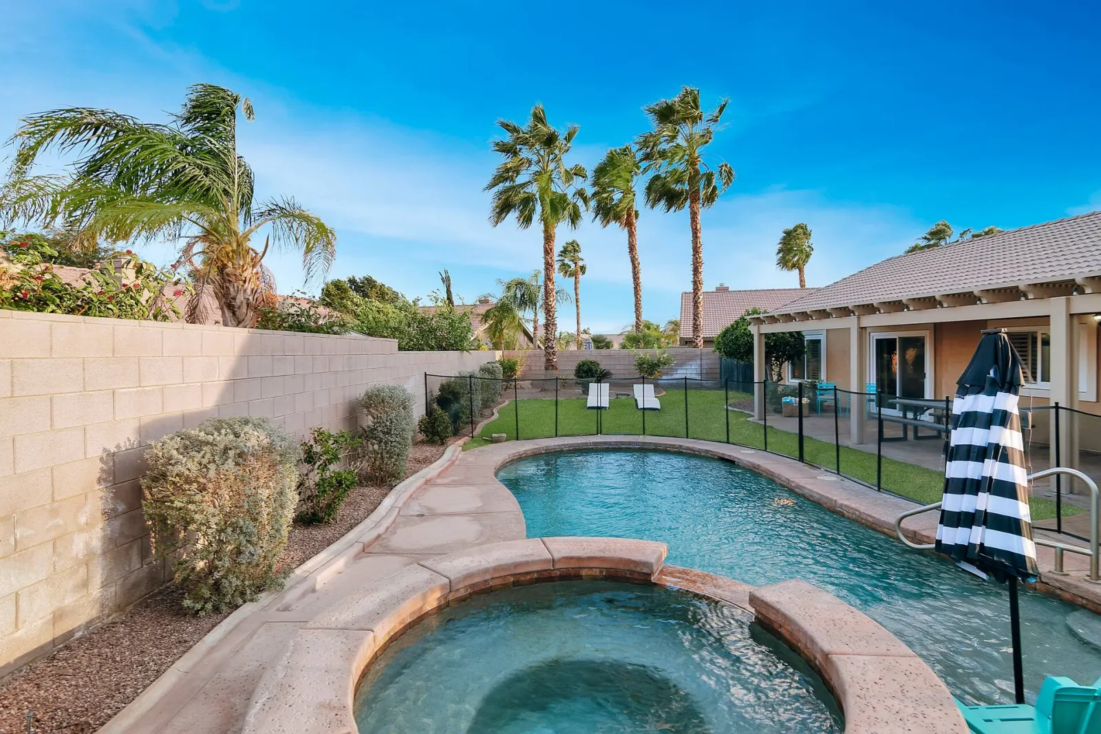 Pool and spa with palm trees at golden hour